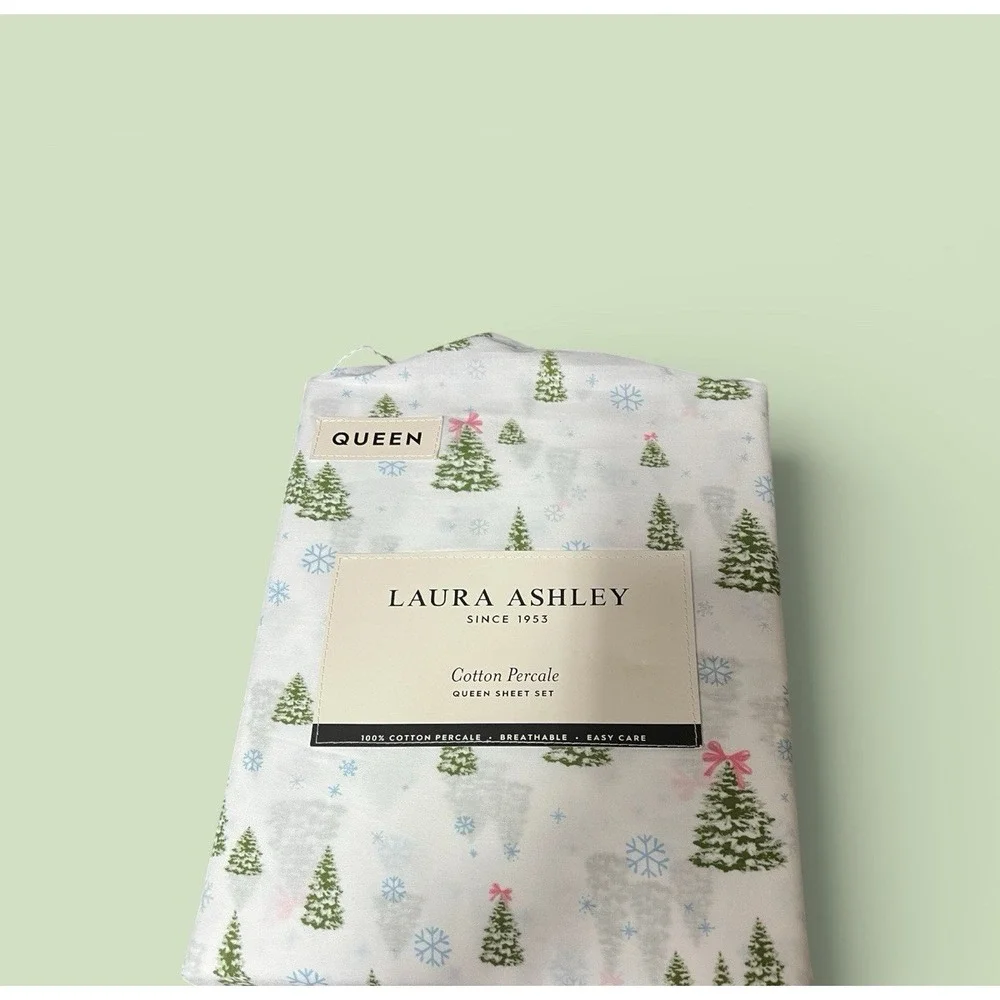 Laura Ashley Queen‎ Percale Sheet Set 100% Cotton Winter Wonderland Green Trees